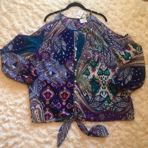 Chico's Tops - CHICO's Whimsy Cold Shoulder Top Tie Front Top NWT